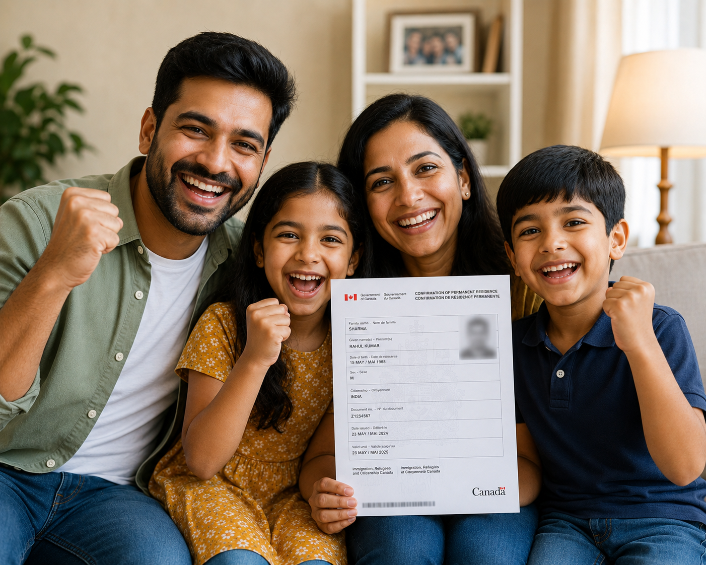 A family celebrating with their Confirmation of Permanent Residence document